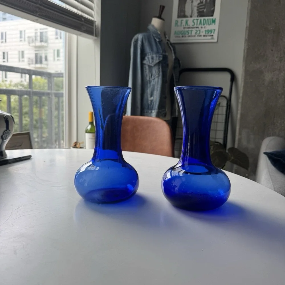 Pair Vintage Cobalt Blue Glass Bud Vases Flared Rim 8